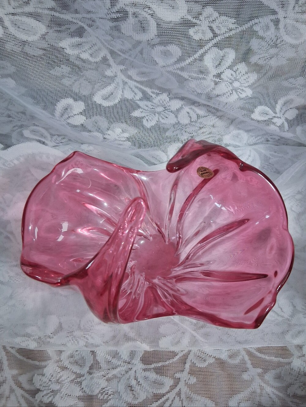 Vintage Bohemian Art Glass Basket Cranberry Clear Cased Glass Mid Century Czech - Picture 5 of 16